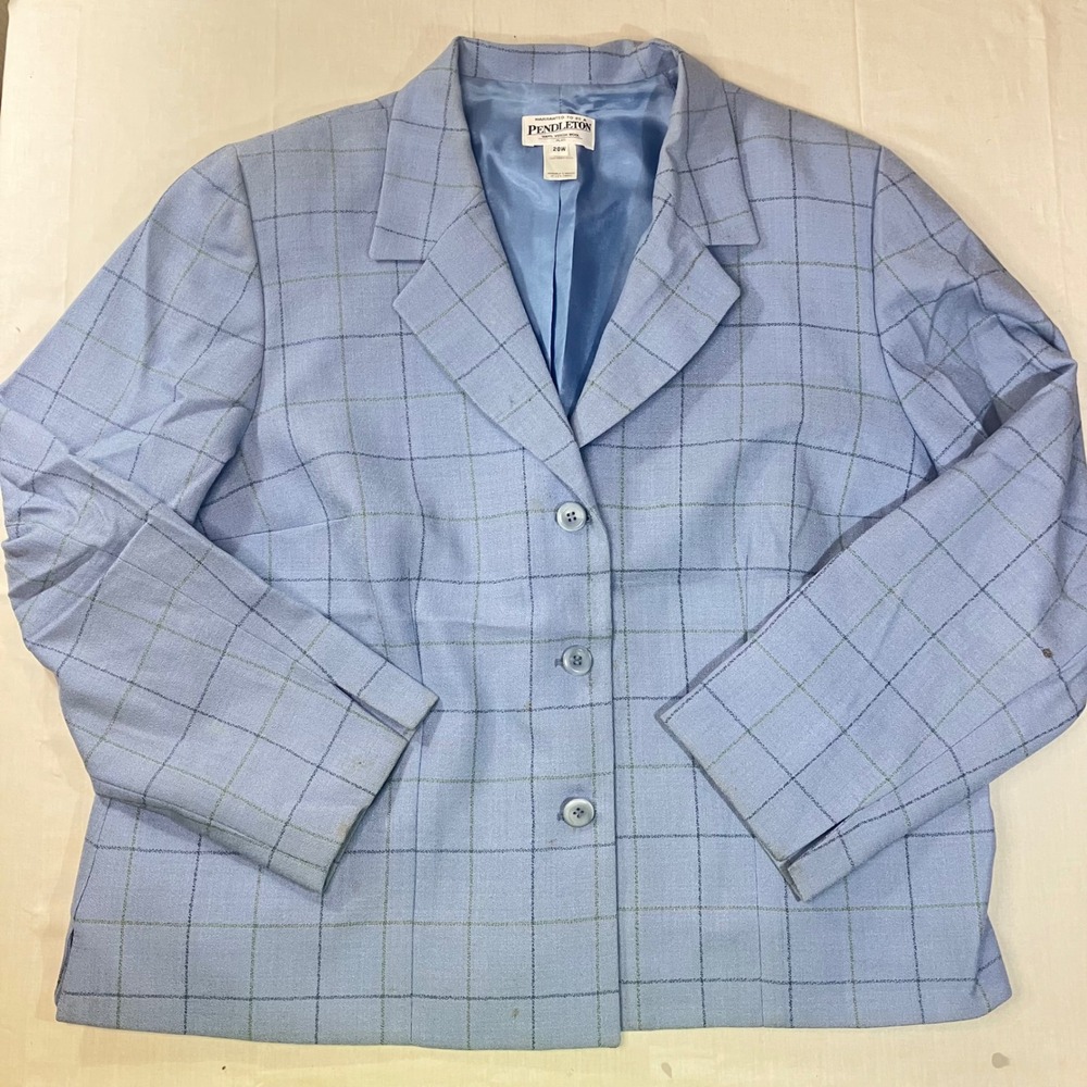 Pendleton Plus 20W Light Blue Plaid 100% Virgin Wool Blazer Jacket 3-Button